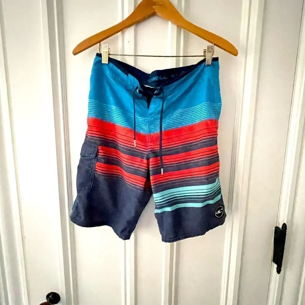 O’Neill blue/orange/teal striped board shorts 28